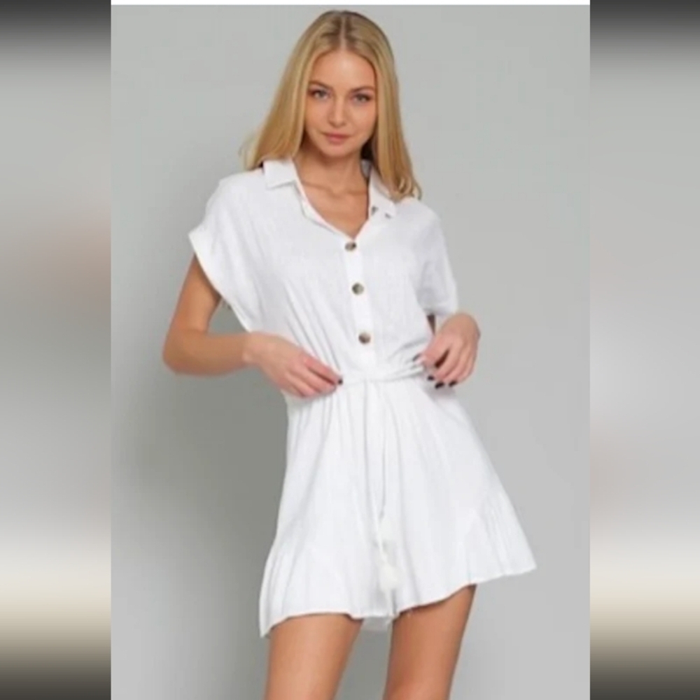 Akkaa Linen Blend Lightweight White Coastal Flowy A-Line Preppy Festival Dress S